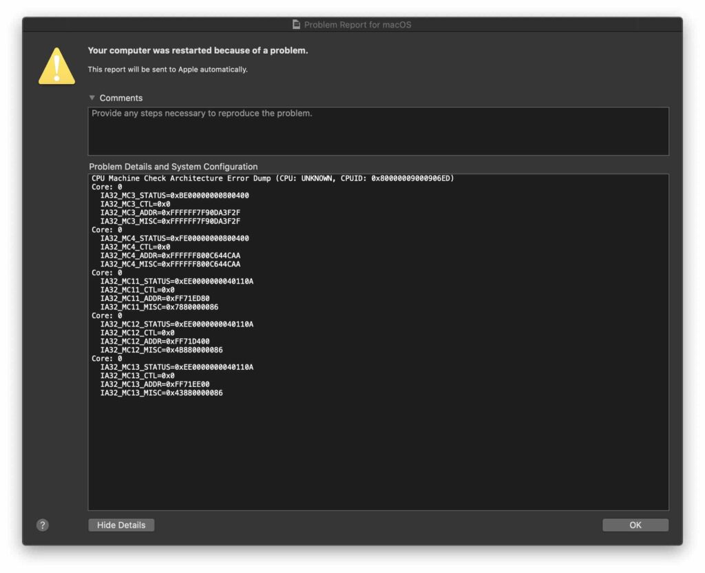 CPU Machine Check Architecture Error Dump (CPU UNKNOWN, CPUID 0xa0653)